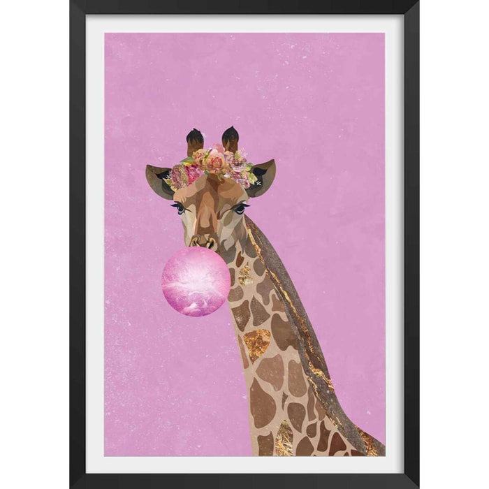 Affiche enfant girafe rose Affiche + cadre en bois - Noir