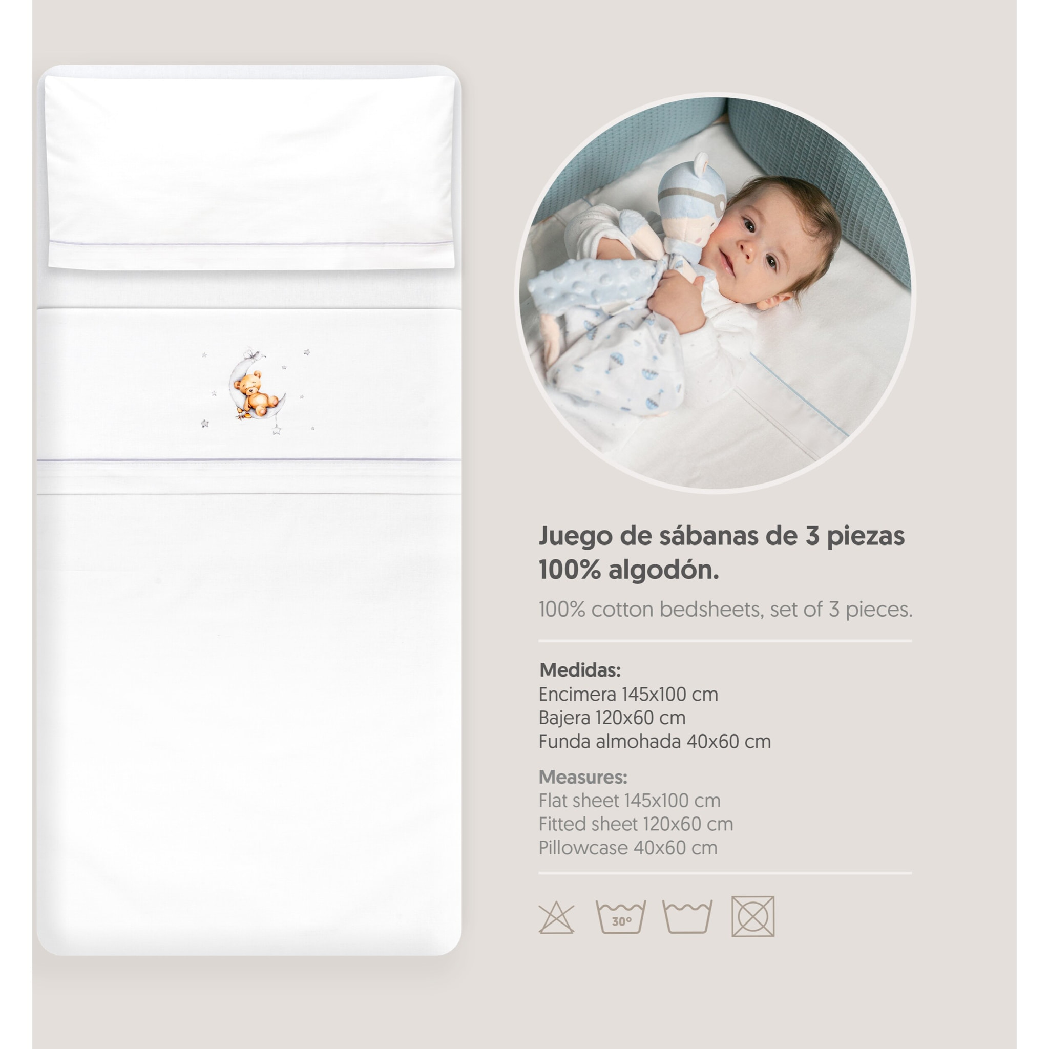 Triptico Cuna Estampado Oso Luna Estrellas + Broche Bco/Gris
