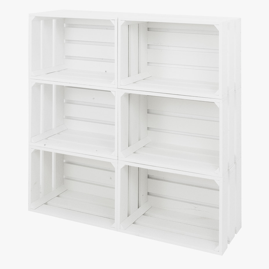 Pack de 6 cajas de madera maciza en tono blanco grandes Alto: 25.5 Largo: 49 Ancho: 29.5