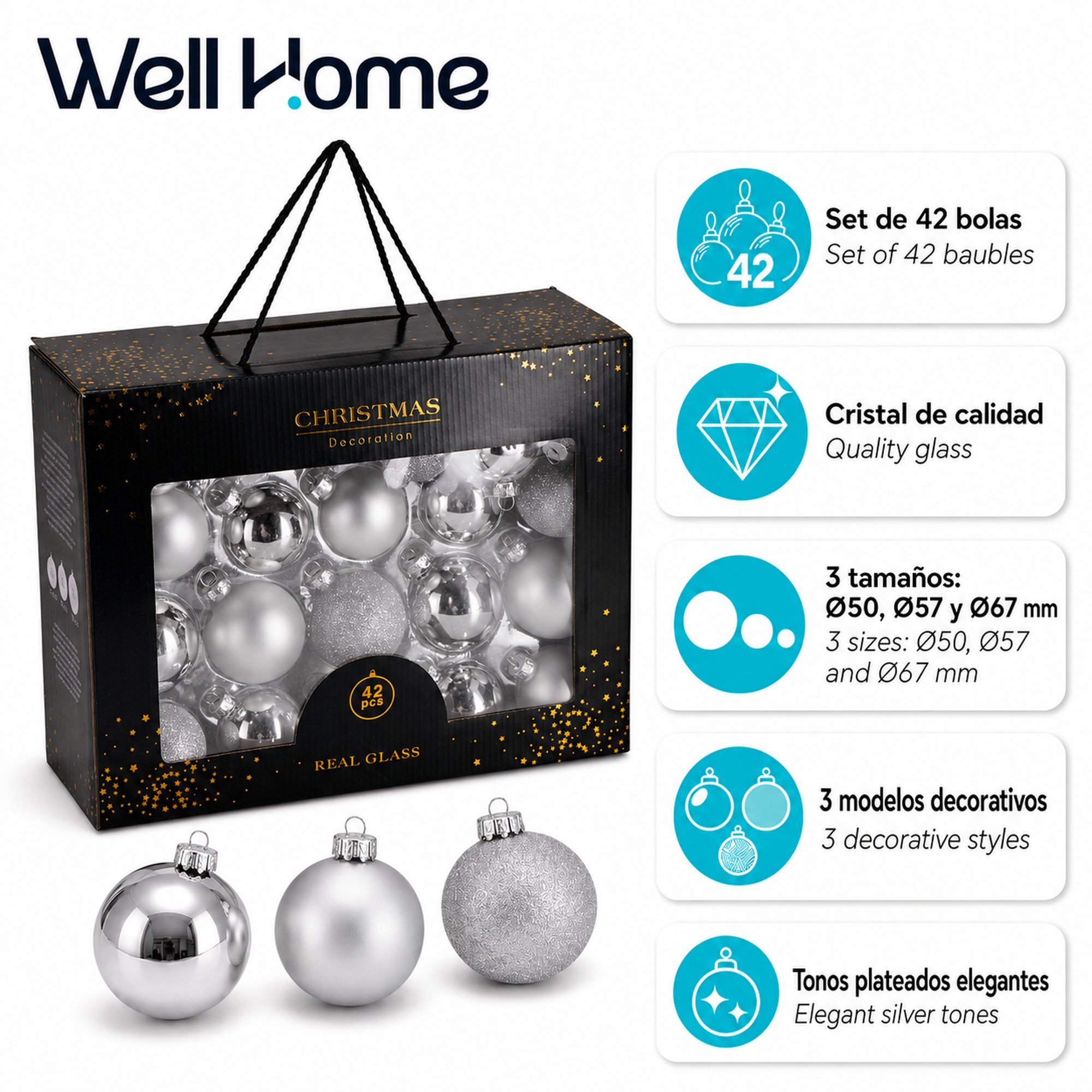 Set de 42 bolas de navidad de cristal plata, en varios tamaños y acabados