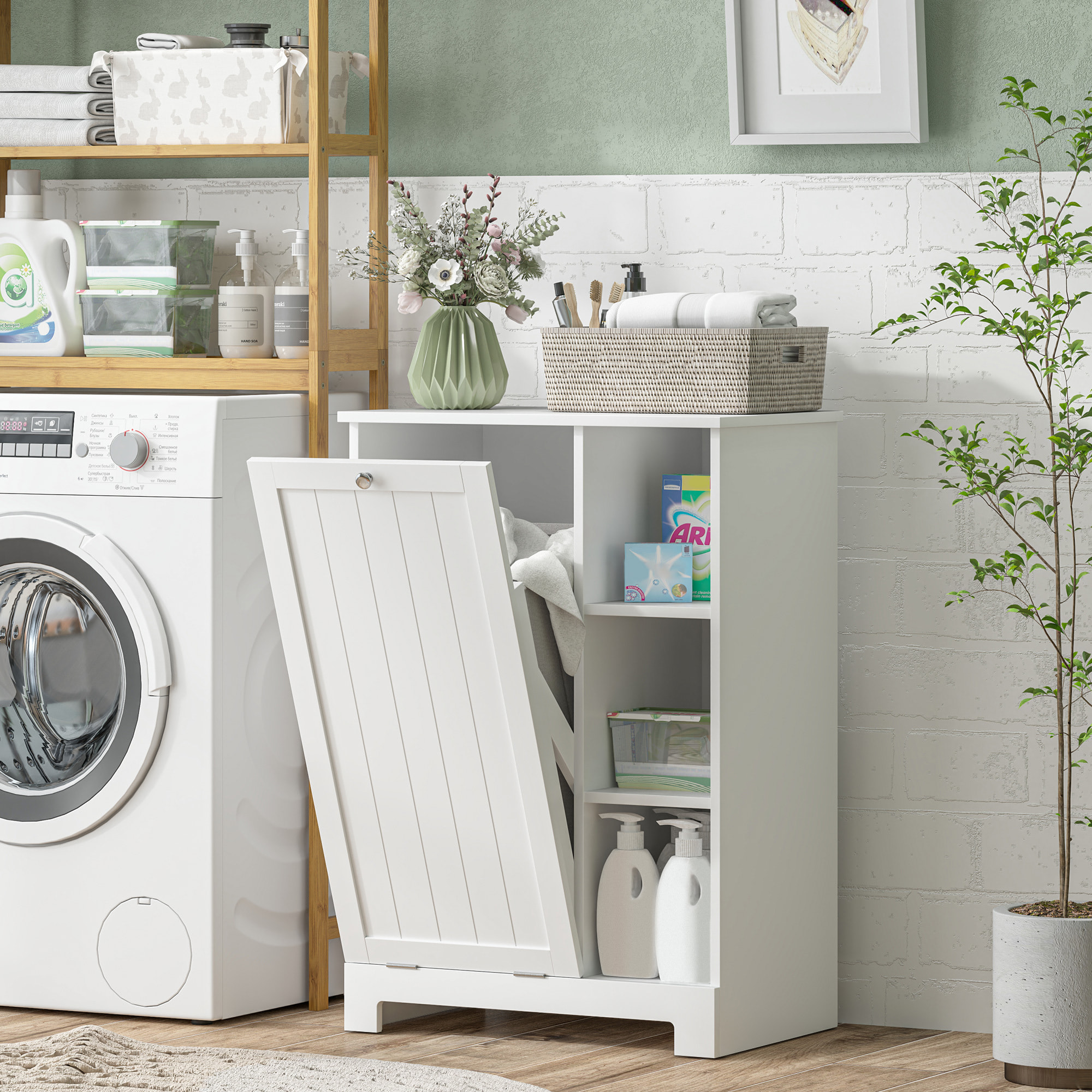 Armario de Baño con Cesto Ropa Sucia Mueble de Baño con Puerta Abatible Estantes Abiertos y Cesta Extraíble 60x38x86 cm Blanco