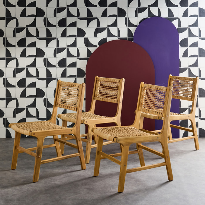 Lot de 4 chaises de jardin Ocara. cannage et bois. L 61 x 51 x 85cm