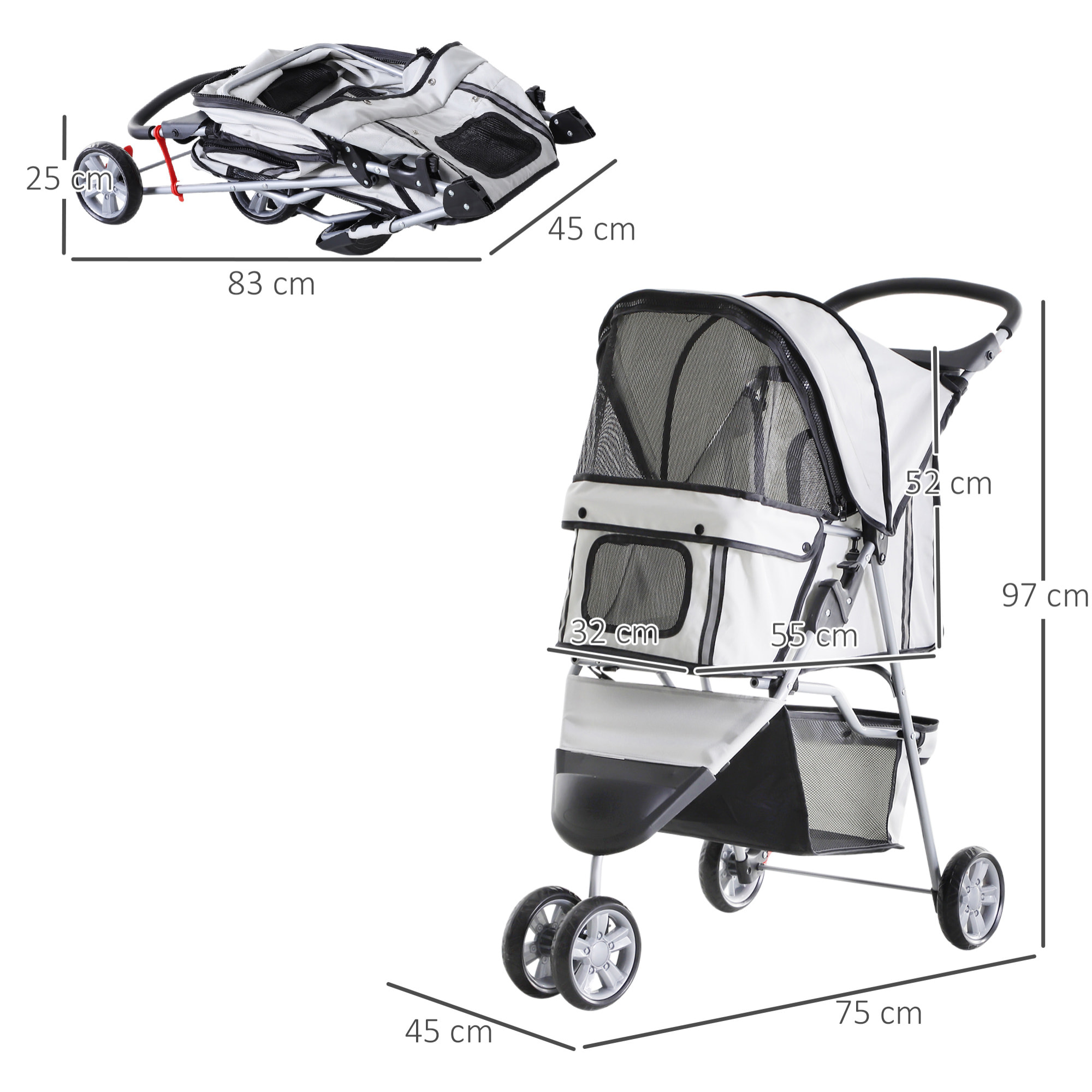 Poussette buggy pliable animaux chariot pliant chien chat porte-gobelet panier de rangement inclus roues avec frein tissu 600D Oxford métal gris