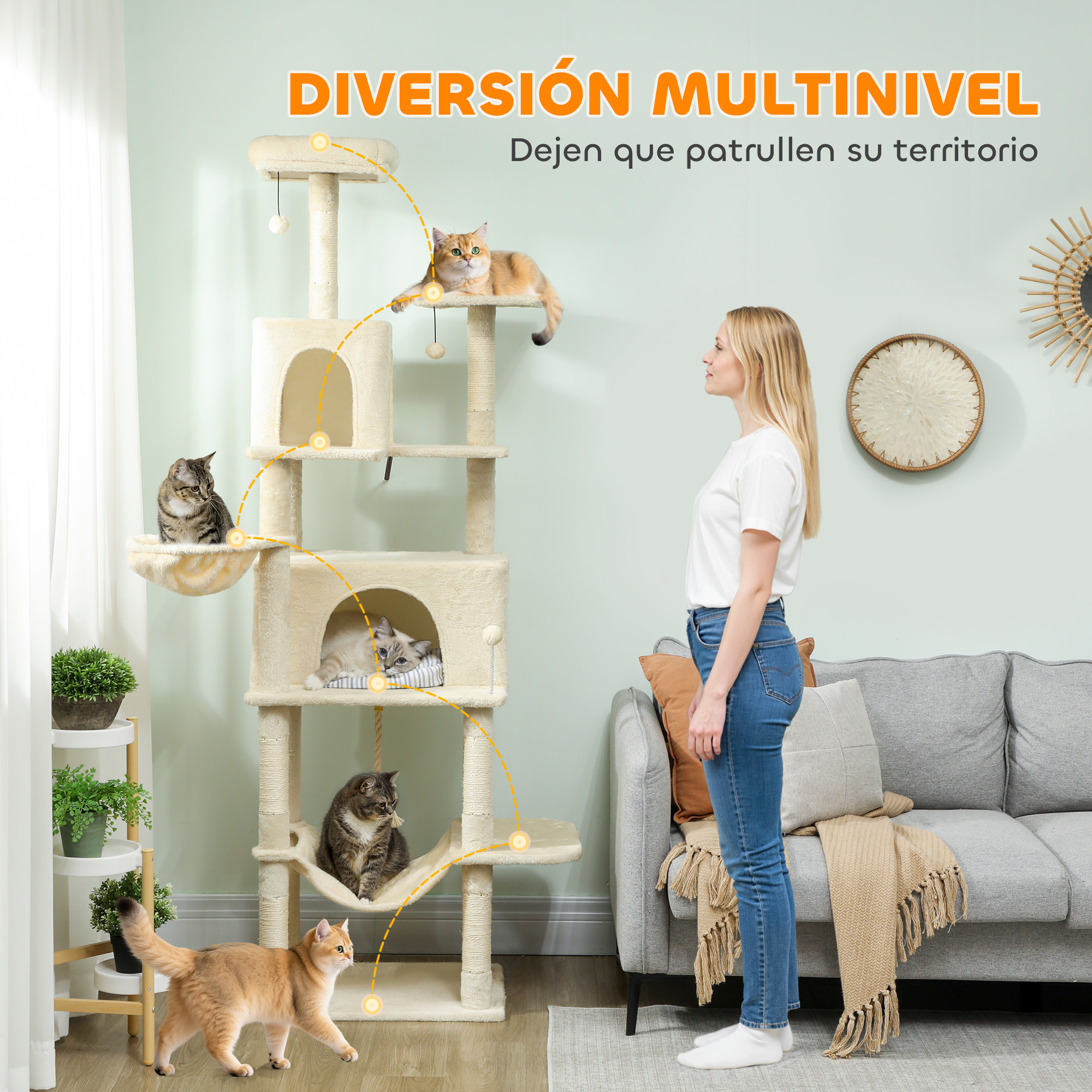 Árbol Rascador para Gatos, Árbol para Gatos 202 cm, Torre Escalador con Plataformas, Cama, Cuevas, Postes de Sisal, Bolas y Cuerda para Jugar, Beige