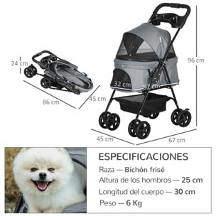 Cochecito para Mascotas Plegable Carrito para Perros Desmontable Acero Tela Oxford Ruedas Giratorias Frenos Ventana para Perros Gatos Pequeñitos 67x45x96 cm Gris