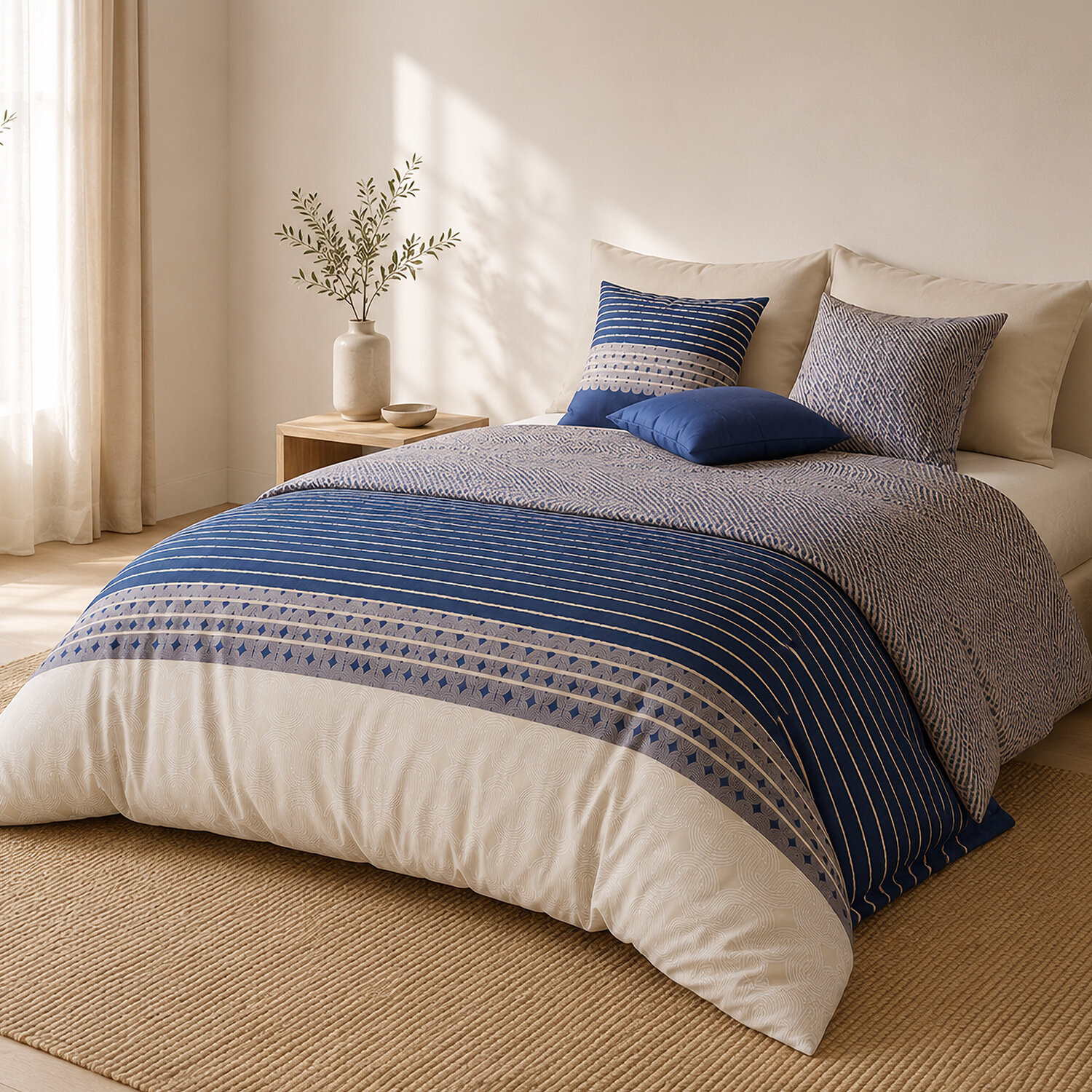 Parure housse de couette 100% percale de coton rayures horizontales - BLEVARIS