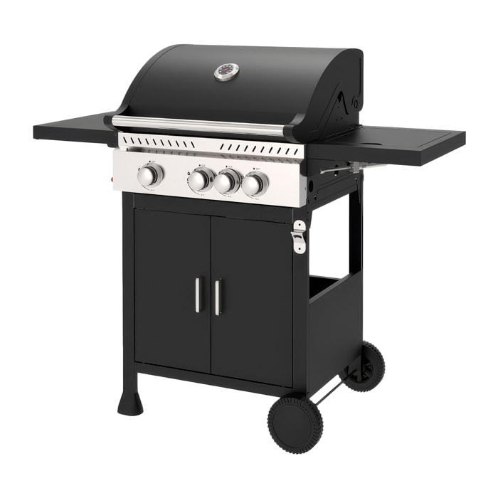 Barbecue a gas da esterno con potenza di 11,5 kW, compatibile con butano e propano, 3 bruciatori principali più 1 laterale.