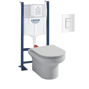 Pack WC suspendu sans bride + abattant + Bâti support + Even Plaque de commande WC carré blanc