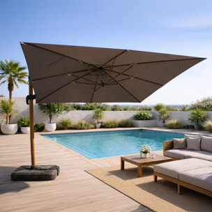Parasol rectangulaire 3x4m déporté rotatif gris pied effet bois en aluminium NAVIA
