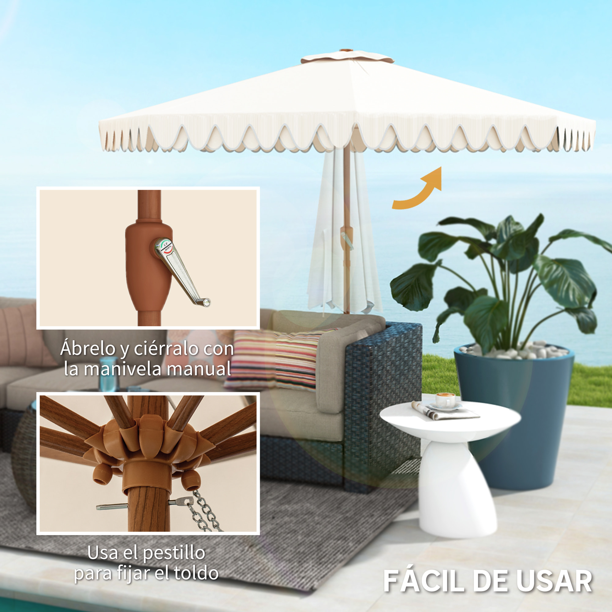 Sombrilla Terraza Exterior, Ø264x240 cm, Sombrilla de Jardín con Ángulo Ajustable, Manivela y Volantes, Impermeable, Parasol para Playa, Patio, Balcón, Crema