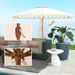 Sombrilla Terraza Exterior, Ø264x240 cm, Sombrilla de Jardín con Ángulo Ajustable, Manivela y Volantes, Impermeable, Parasol para Playa, Patio, Balcón, Crema
