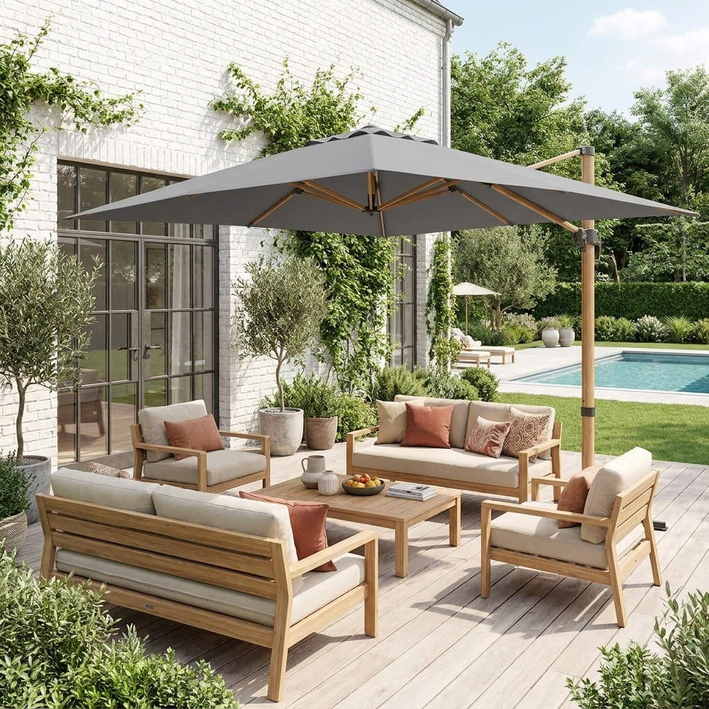 Parasol déporté rectangulaire 3x4m, mât effet bois WIMEREUX