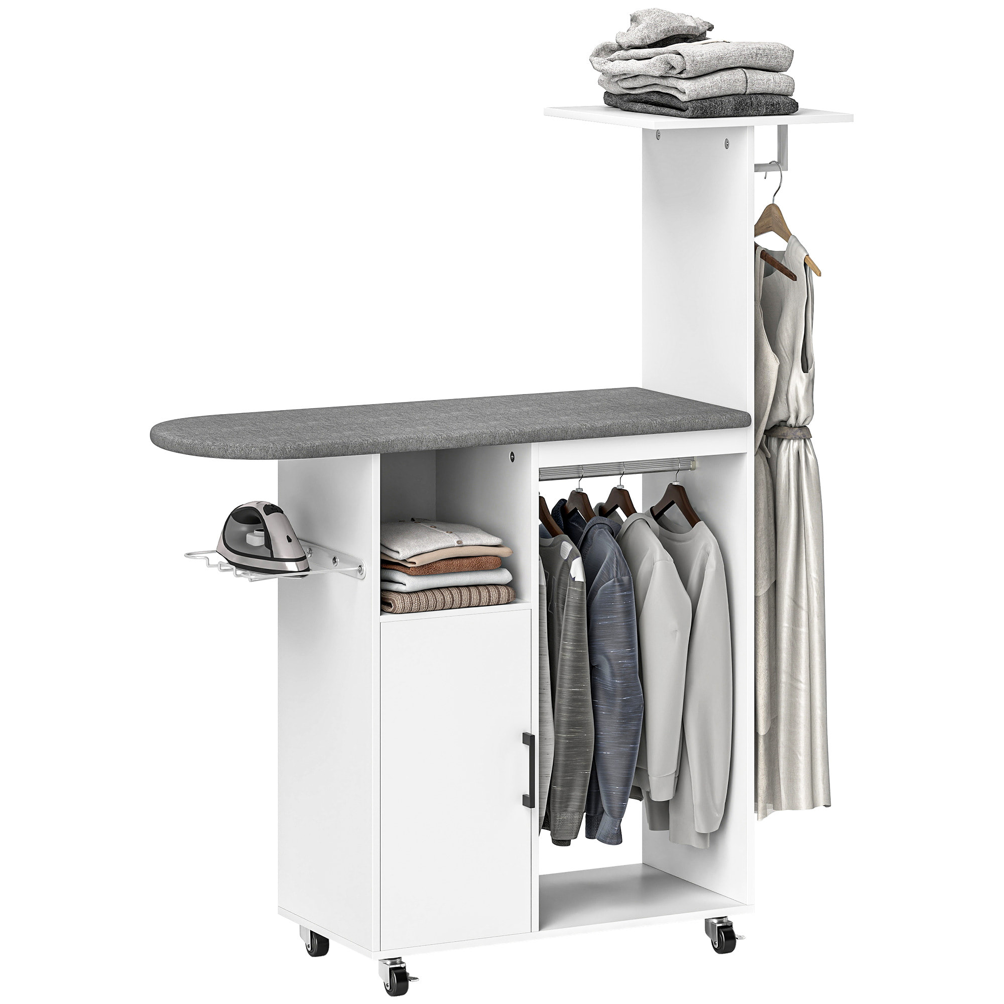 Mueble de Planchar con Ruedas y Soporte Lateral Mueble de Planchado con Tabla de Planchar Barra para Ropa Estante Ajustable 127,5x43,5x153 cm Blanco