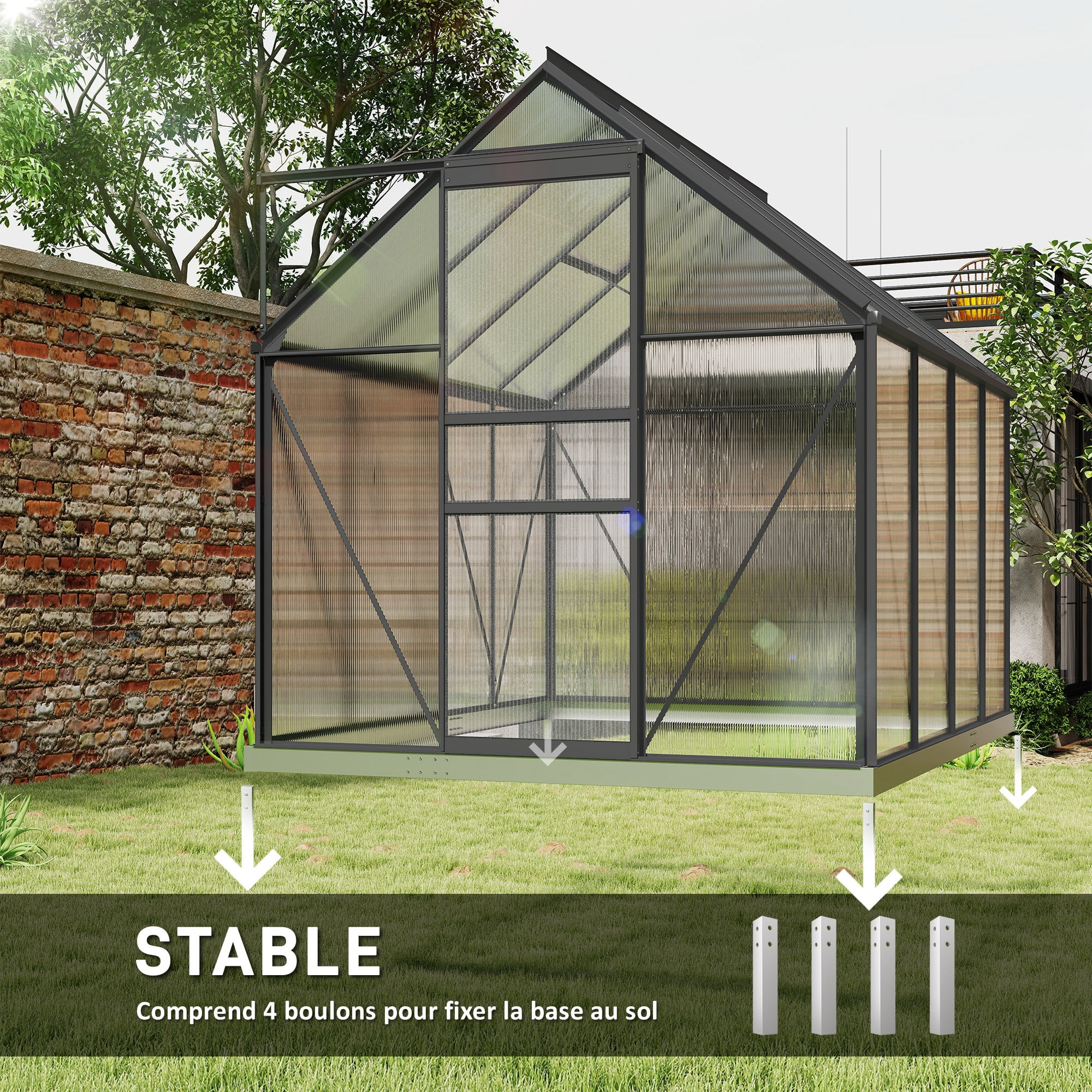 Serre de jardin polycarbonate alu 4,8 m² dim. 2,53L x 1,9l x 1,99H m lucarne réglable fondation porte coulissante gris