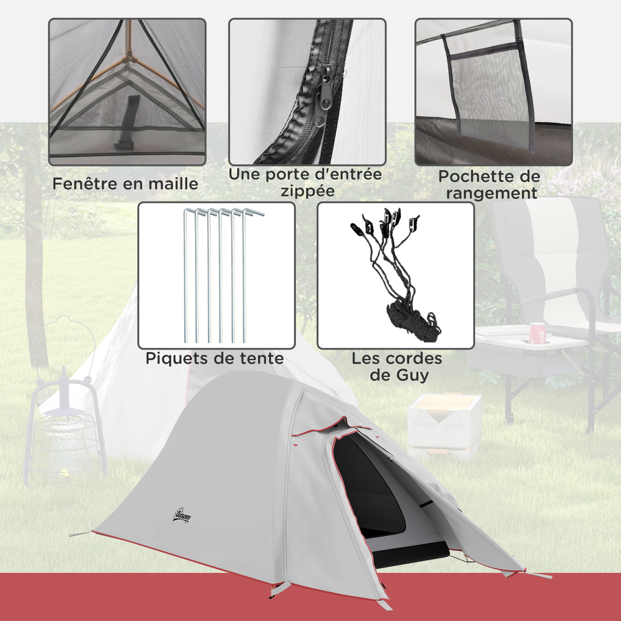 Tente de camping 1-2 pers. double toit étanche 2000 mm sac de transport gris