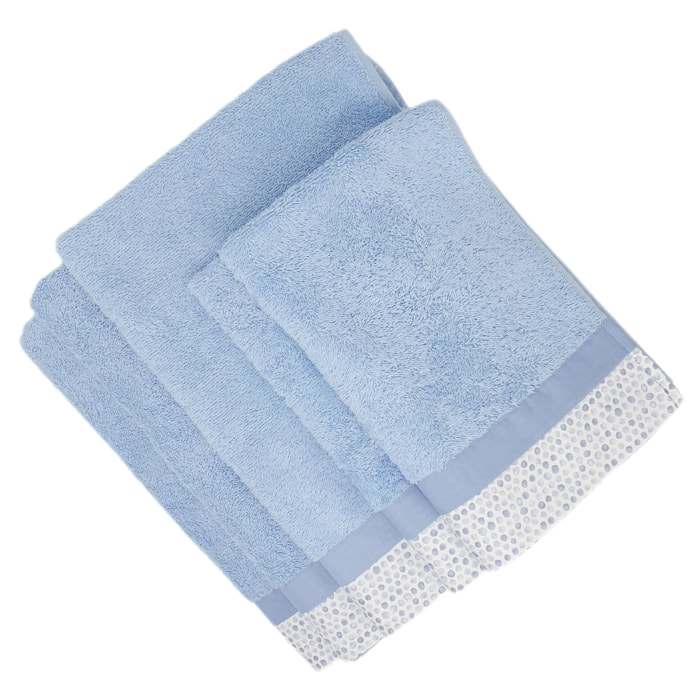 Set Spugna PALLINI 5 Pezzi: 2 Viso+2 Ospite + 1 Telo Bagno - 450 gr/m² - Azzurro - Puro Cotone