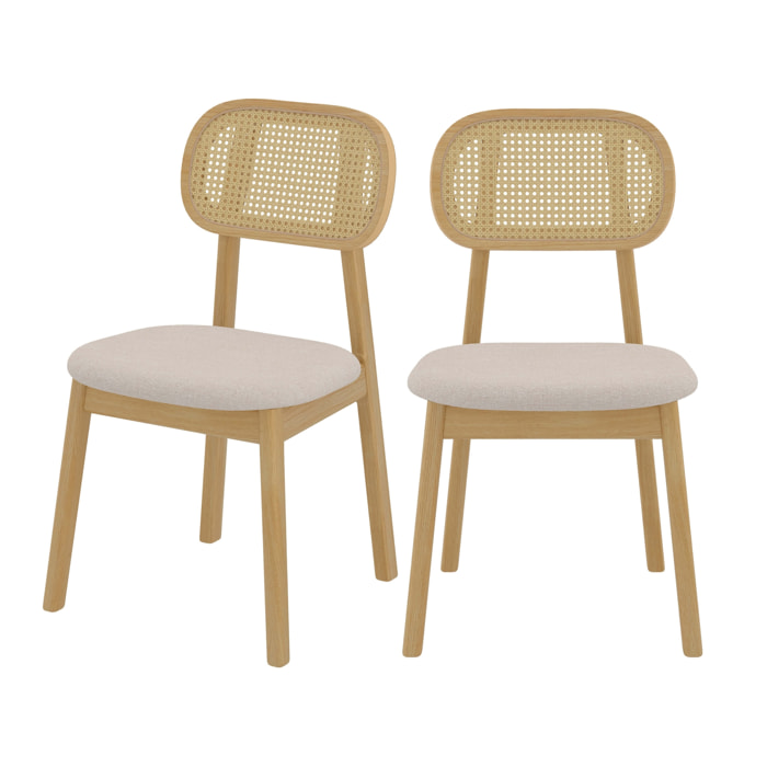Lot de 2 chaises en bois clair, tissu beige et rotin synthétique - Maria