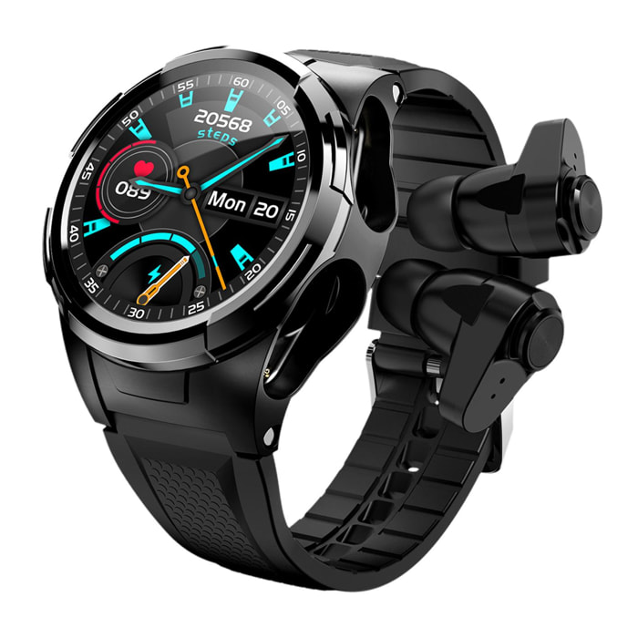 Smartwatch multisport S201, pressione sanguigna e O2, con auricolari TWS 5.1 integrati