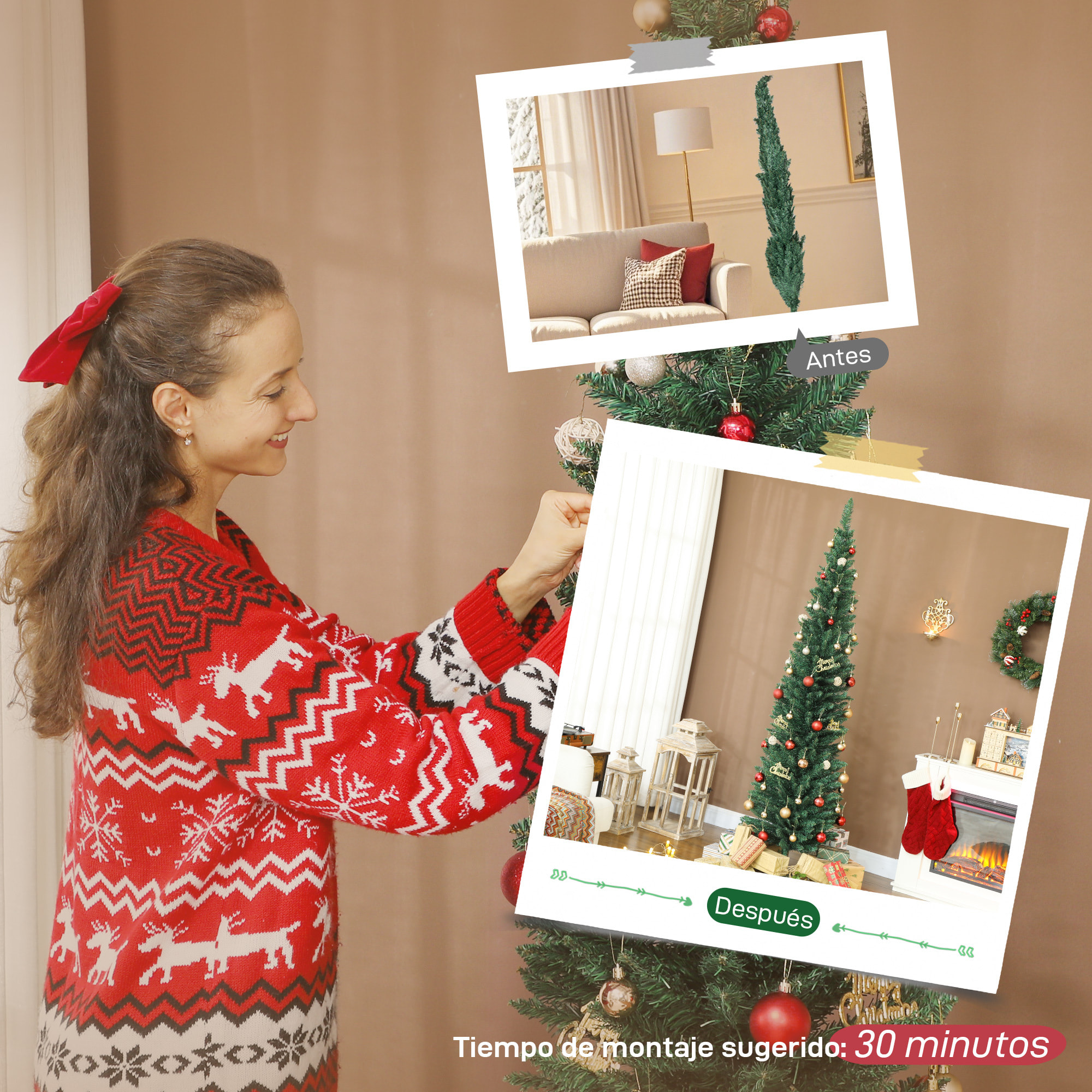 Árbol de Navidad Estrecho 210 cm, Árbol de Navidad Artificial con 401 Ramas, Soporte Metálico, Fácil de Montar, Decoración para Interior, Hogar, Oficina, Verde