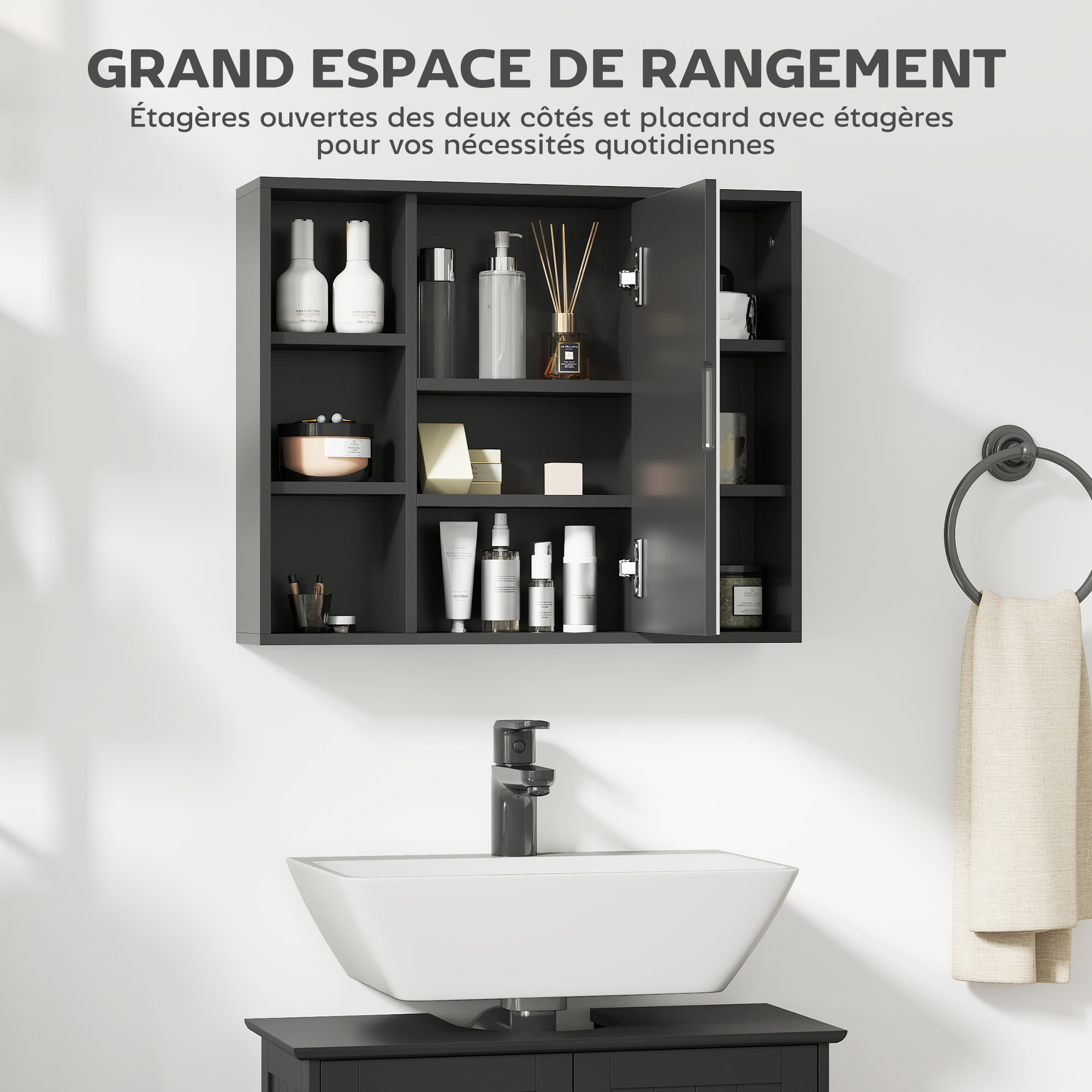 Miroir de salle de bain avec placard et étagères - 4 étagères latérales + 2 étagères intérieures - MDF panneaux particules noir