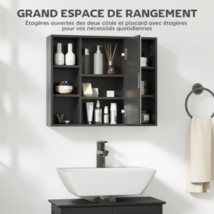 Miroir de salle de bain avec placard et étagères - 4 étagères latérales + 2 étagères intérieures - MDF panneaux particules noir