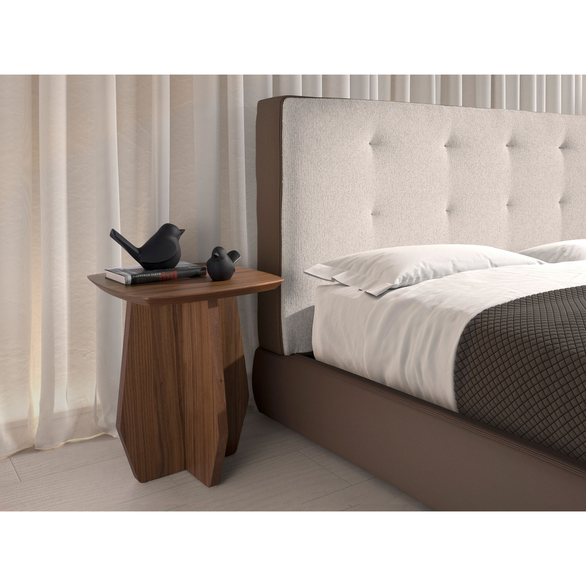 Cama Angel Cerdá capitoné de matrimonio con cabecero en tela en blanco roto y estructura de polipiel en marrón y patas de acero inoxidable en negro 199x224x98cm