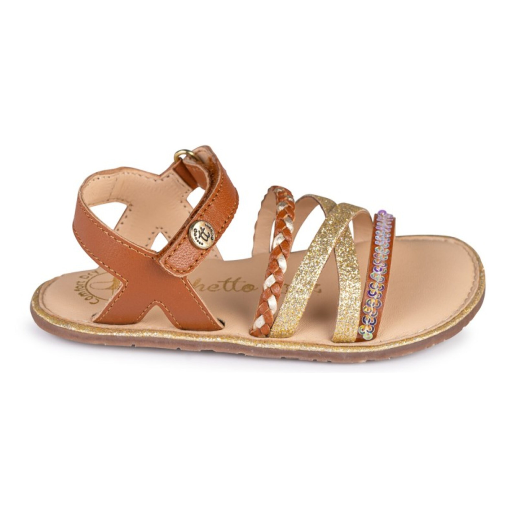 SANDALIA BAREFOOT MOKA - TIRAS DORADAS Y VELCRO AJUSTABLE