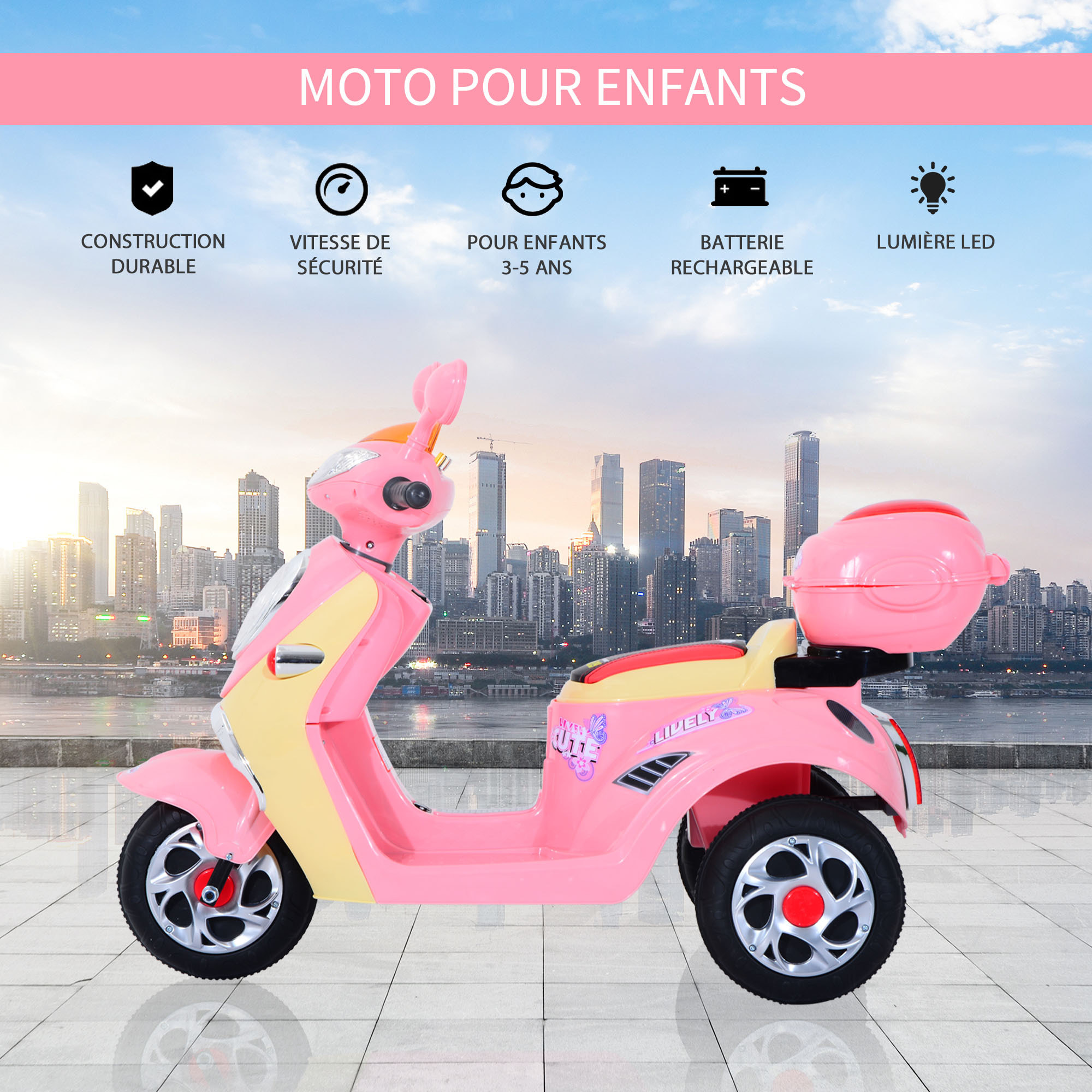 Moto scooter électrique pour enfants 6 V env. 3 Km/h 3 roues et topcase effet lumineux et sonore rose