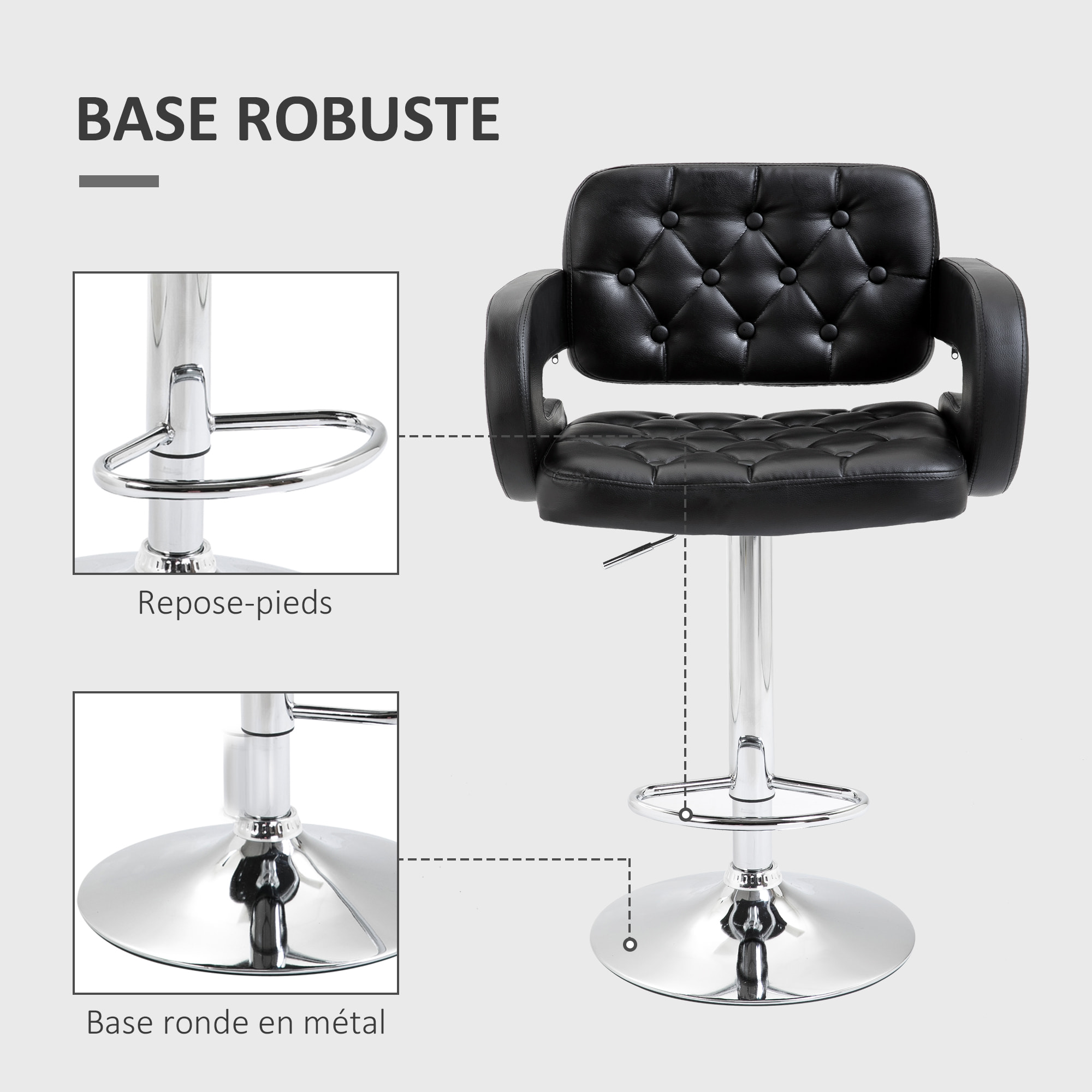 Tabouret de bar design Chesterfield - chaise de bar pivotante réglable grand confort - métal chromé noir