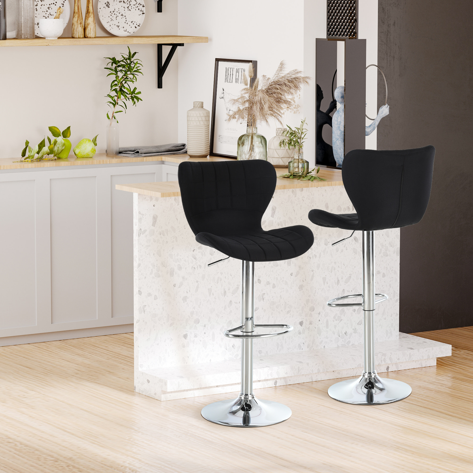 Lot de 2 tabourets de bar design contemporain hauteur d'assise réglable 59-81 cm pivotant 360° lin noir