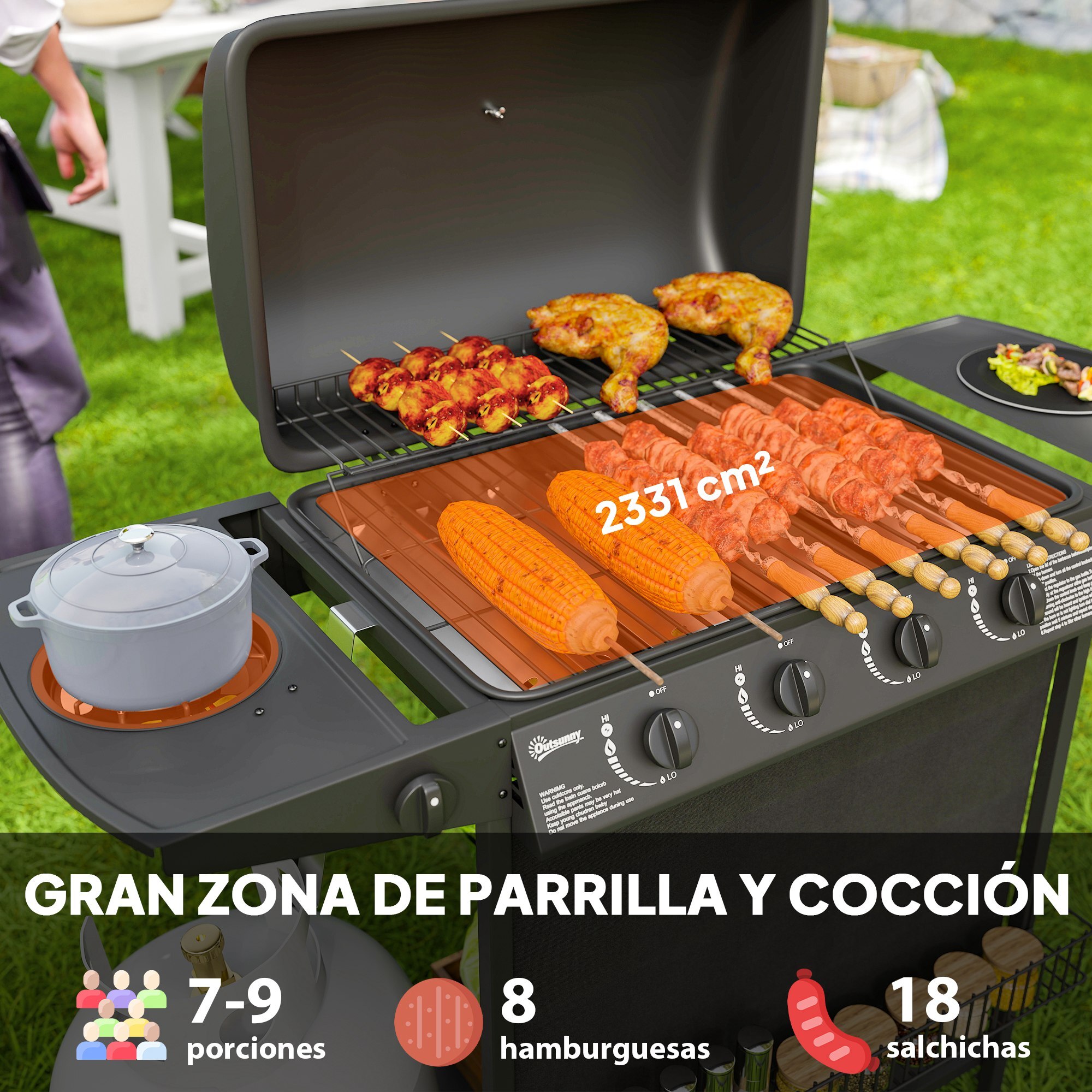 Barbacoa de Gas BBQ Gas con 4+1 Quemadores 12 kW Barbacoa Portátil con Termómetro Mesa Lateral Estante Especiero Parrilla Recogedor de Grasa 2 Ruedas para Jardín Exterior Camping Negro