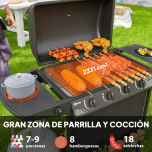 Barbacoa de Gas BBQ Gas con 4+1 Quemadores 12 kW Barbacoa Portátil con Termómetro Mesa Lateral Estante Especiero Parrilla Recogedor de Grasa 2 Ruedas para Jardín Exterior Camping Negro