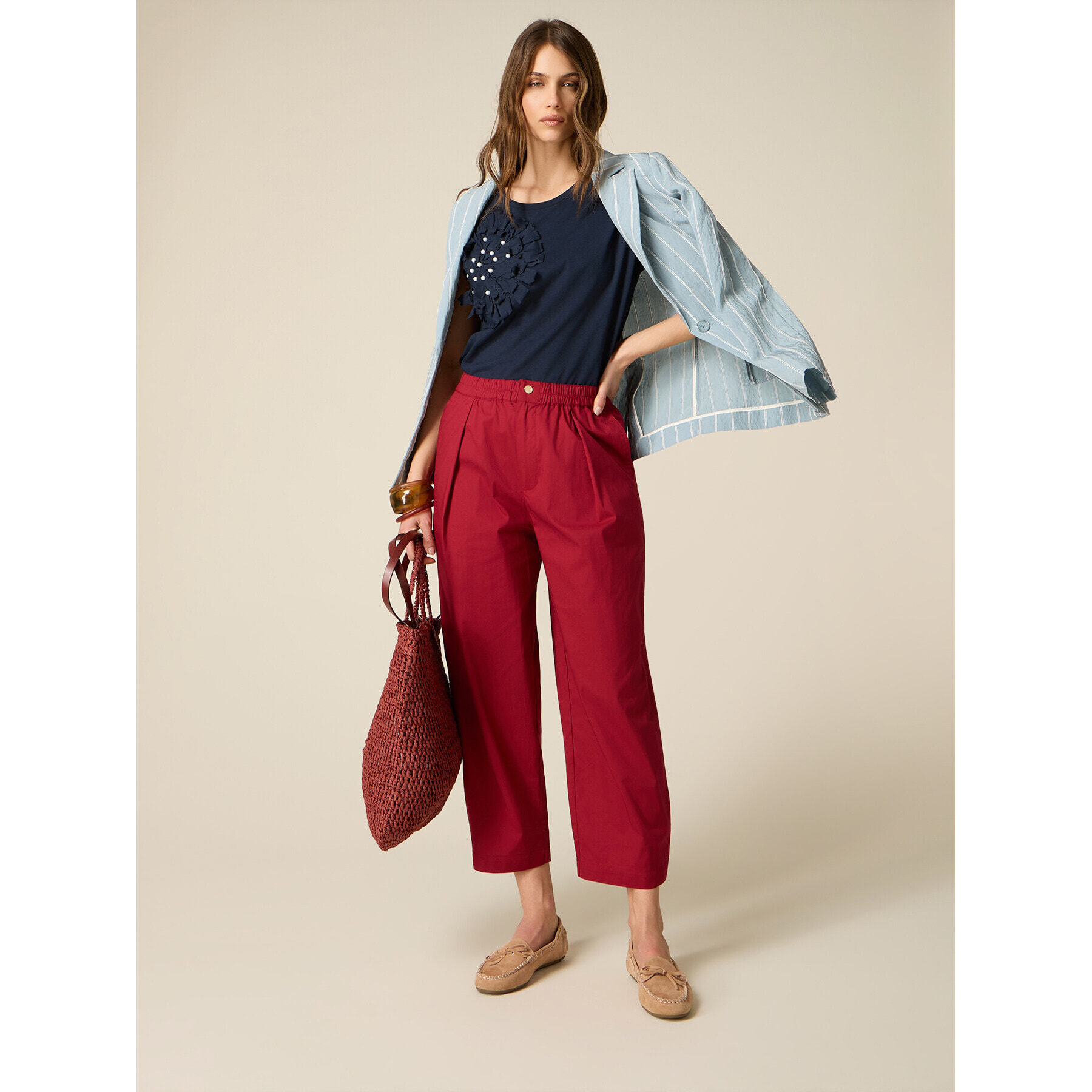 Oltre - Pantalones cropped de popelina - Burgundy