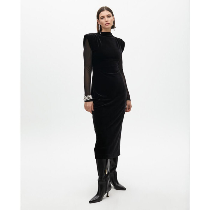 Vestito Lungo di Velluto con Maniche Trasparenti