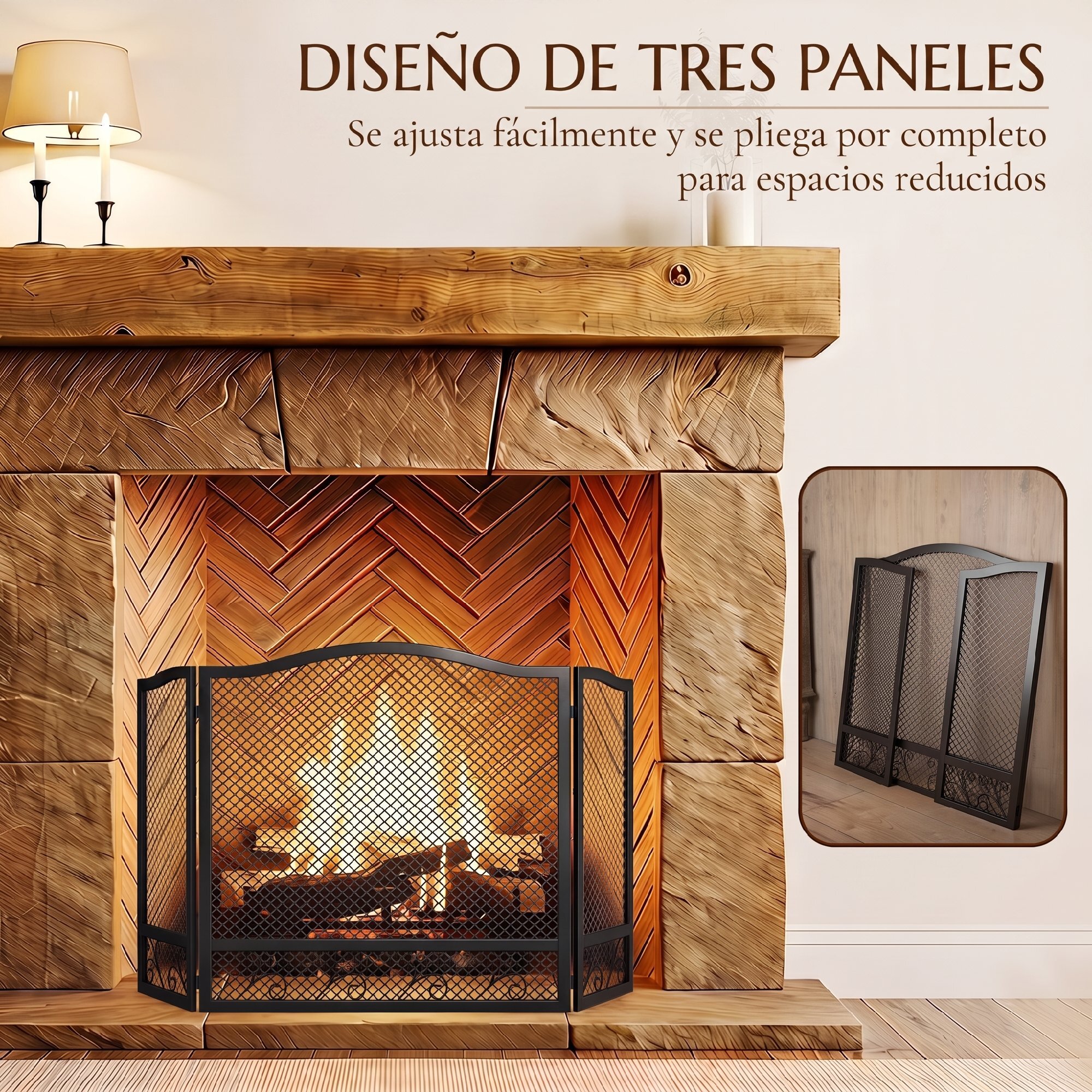 Salvachispas para Chimenea Plegable de 3 Paneles con Diseño Floral, Protector de Chimenea de Metal, Resistente al Calor, para Hogar, 107x60 cm, Negro
