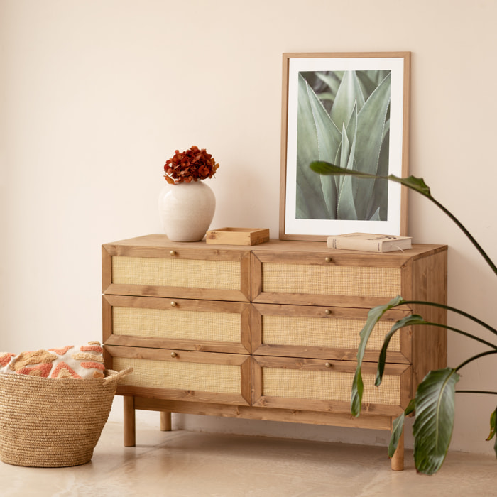 Commode en bois massif et raphia avec six tiroirs ton chêne foncé 76x120cm Hauteur: 76 Longueur: 120 Largeur: 42