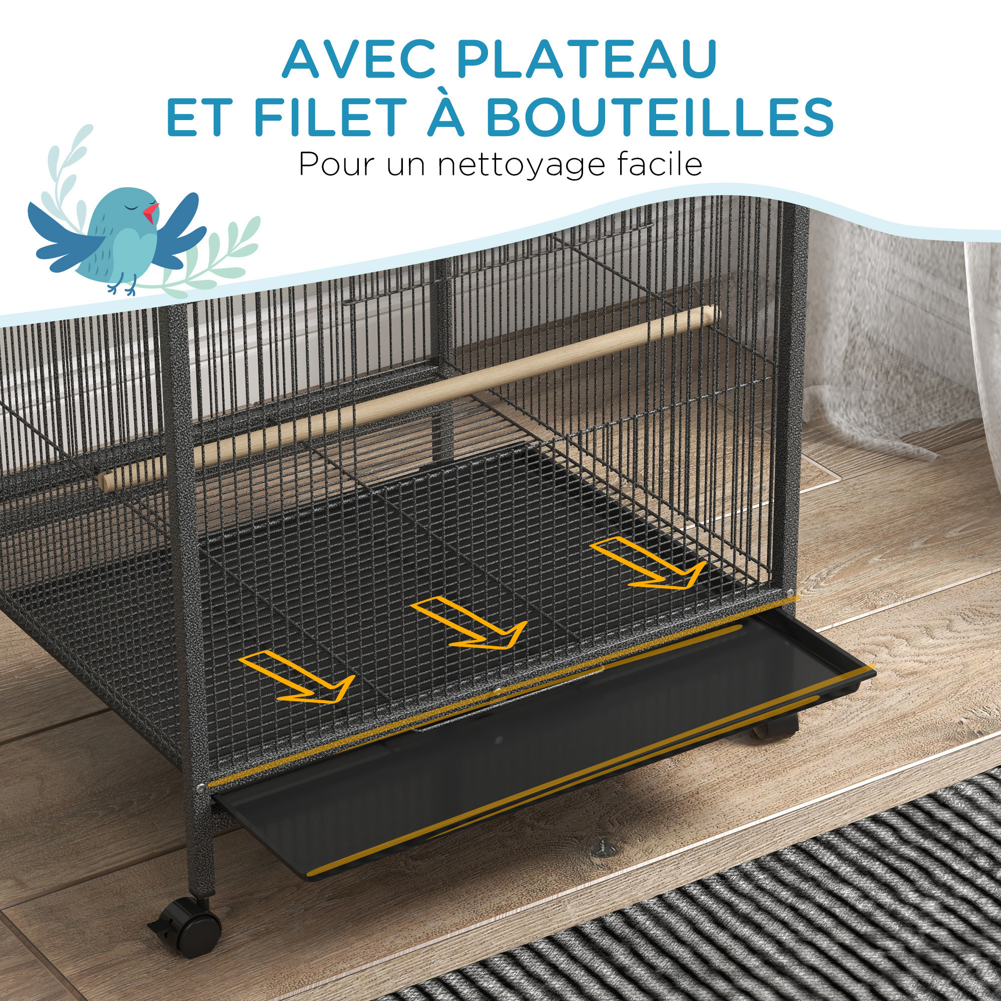 Cage à oiseaux sur roulettes - volière mobile - nombreux accessoires - dim. 48x46x74cm - acier époxy gris noir