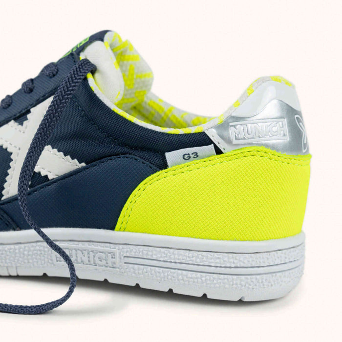MUNICH G-3 KID 459 Zapatilla de Fútbol Sala Infantil Azul Marino y Amarillo Flúor