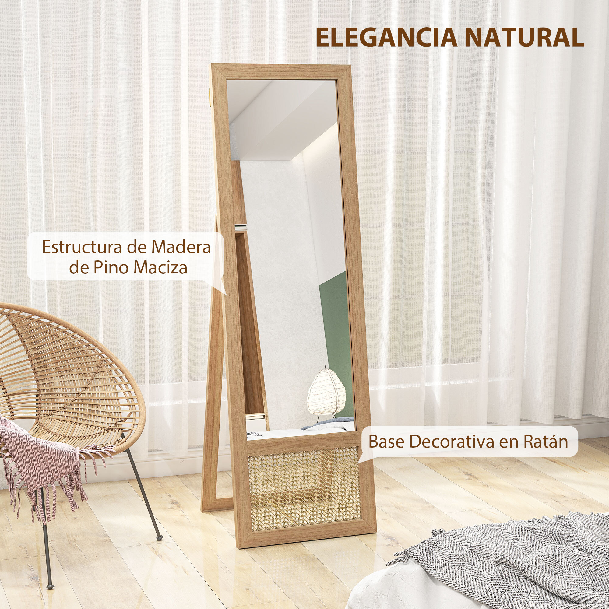 Espejo de Cuerpo Entero 160x50 cm Espejo de Pie o de Pared con Marco de Madera y Soporte para Salón Dormitorio Natural