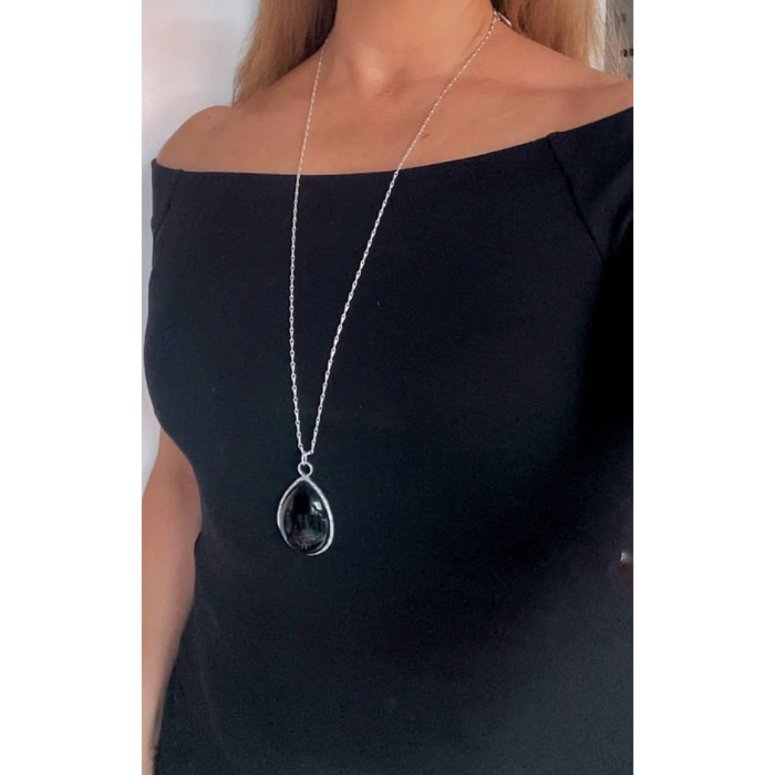 Collar largo Tears for Me en plata 10µ y cristal negro