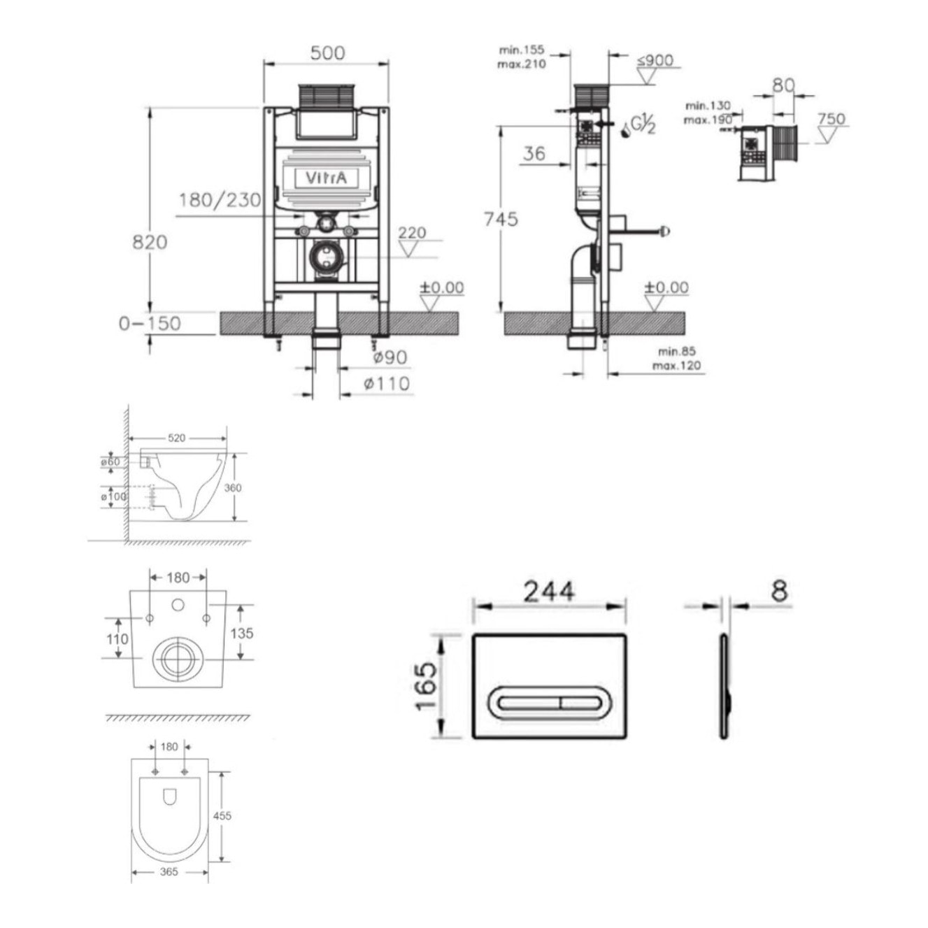 Bâti support 82cm + WC suspendu + Abattant softclose + Plaque chrome mat (VUNI82FUSIONTQ-5)