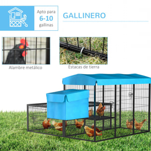 Gallinero para Exterior de Acero Jaula para 6-10 Gallinas con Toldo Corral de Alambre Independiente Nido Múltiples Puertas y Plataforma 200x165,5x103 cm Negro y Azul