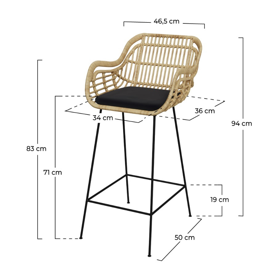 Chaise de bar en rotin Chiloe et pieds en métal noir 71 cm