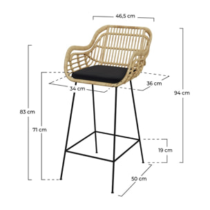 Chaise de bar en rotin Chiloe et pieds en métal noir 71 cm