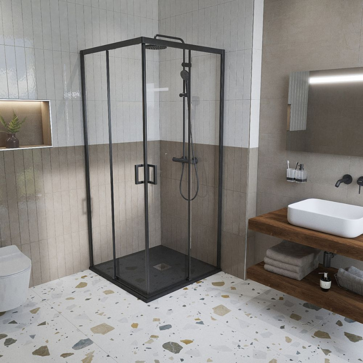 TEX cabine de douche carrée 90x90 cm, deux portes coulissantes, noir (SATTEXQBB90CT)