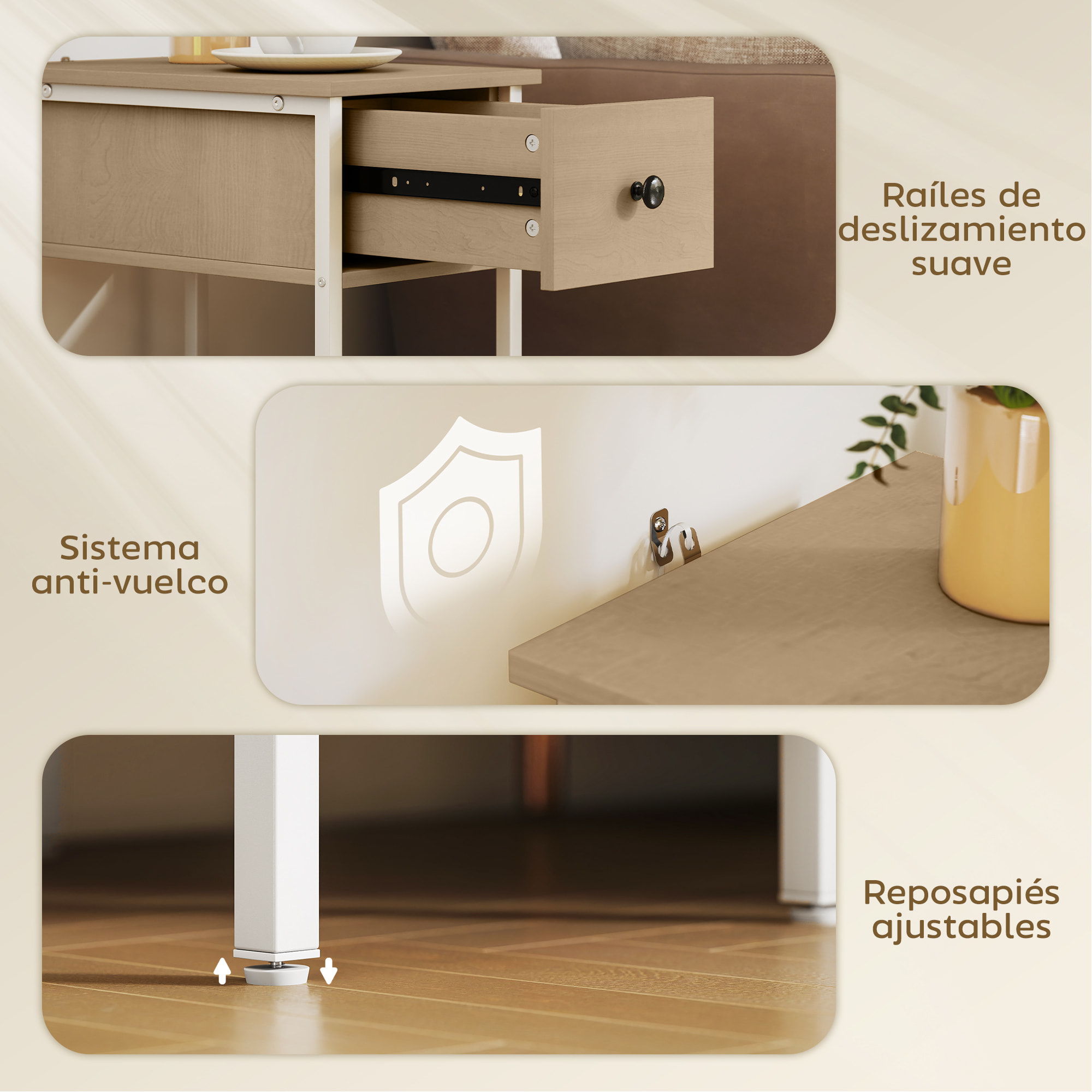 Mesa Auxiliar Estrecha Mesita Auxiliar Industrial con Cajón Estante Abierto y Estructura Metálica para Salón Dormitorio 25x39,8x58,2 cm Natural