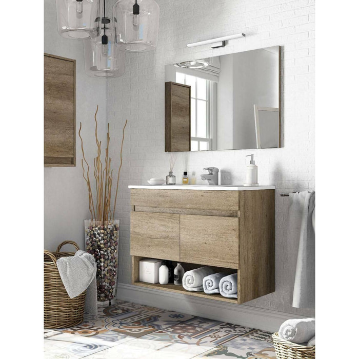 Mobile sottolavabo Enio, Mobiletto per bagno a 2 ante, Armadietto sospeso con ripiano e specchio, lavabo non incluso, 80x45h64 cm, Quercia