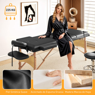 Camilla Masaje Plegable Portátil Camilla Estética Profesional de Madera de 3 Zonas con Altura Ajustable Reposacabezas Reposabrazos Acolchados para Spa Pestañas Tatuajes 215x60x64-89 cm Negro