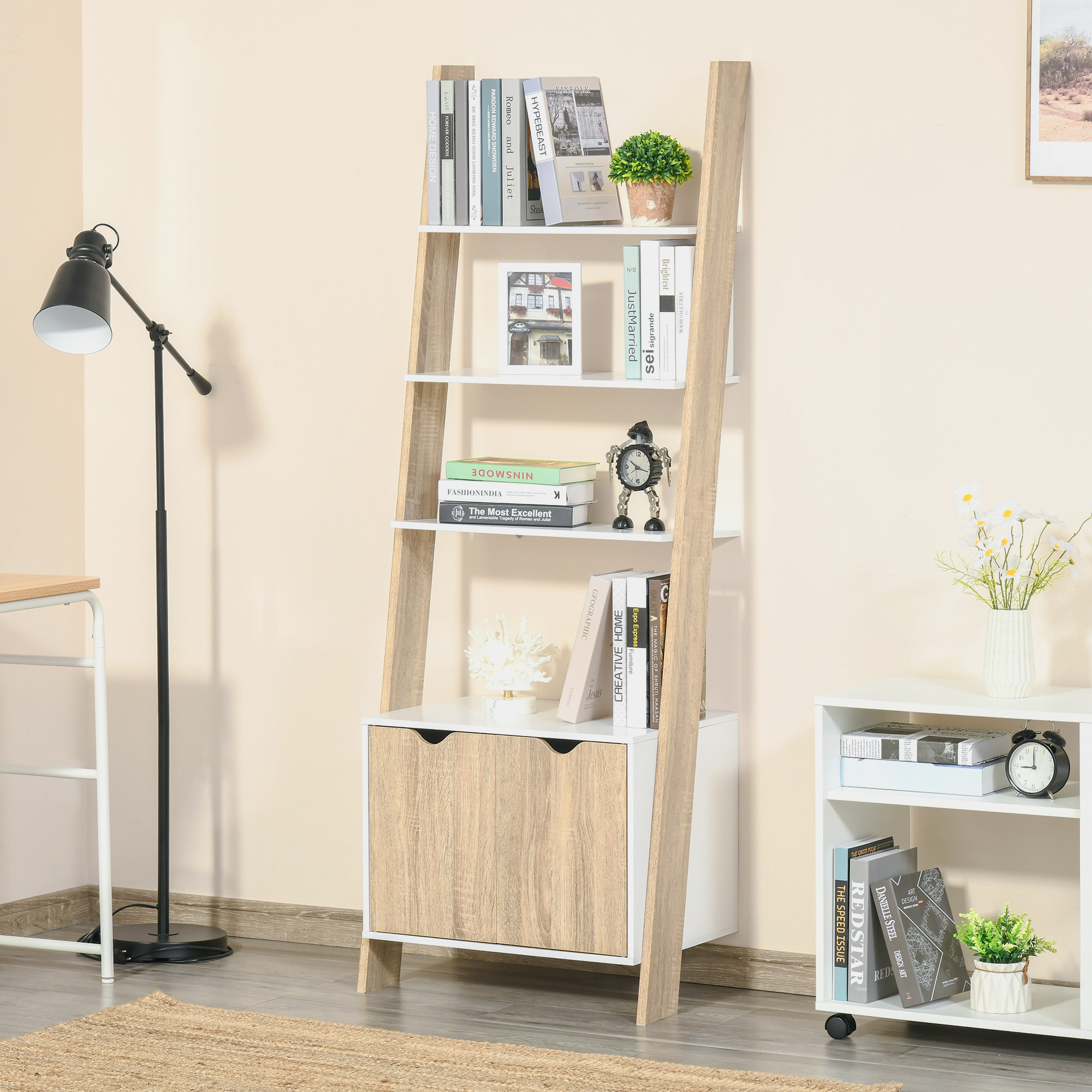 HOMCOM Estantería en Forma de Escalera de Madera con 3 Estantes y 1 Armario de Almacenaje Librería de Estilo Nórdico Moderno 60x40x171 cm Roble y Blanco
