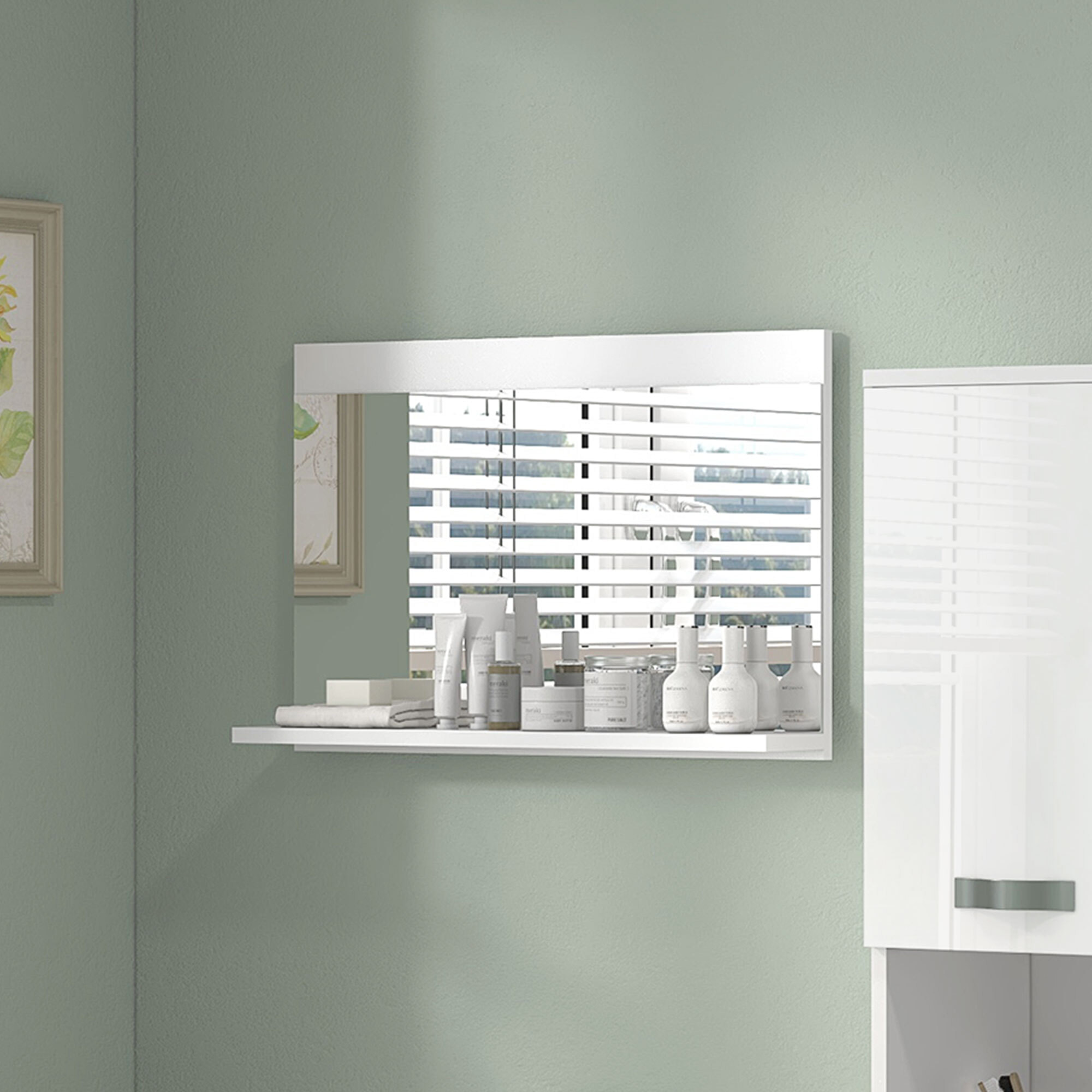 Espejo de Baño con Estante Abierto, Espejo de Pared, Estilo Moderno, para Entrada, Pasillo, 60x12x40 cm, Blanco